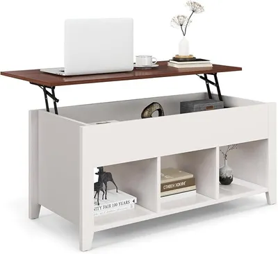 Imagen del producto de Mesa de centro Silecomplaza, con altura ajustable, mesa para sofá con superficie elevable, espacio de almacenamiento y 3 estantes abiertos, mesa auxiliar de madera, mesa de café o té para sala de estar (blanca)