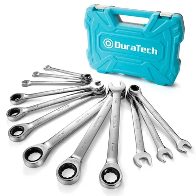 Produktbild von Ringschlüssel Maulschlüssel Ratschenschlüssel-Set - 12-teilig - 8 bis 19 mm - Chrom-Vanadium-Stahl - Metrisch - Mit Aufbewahrungskoffer