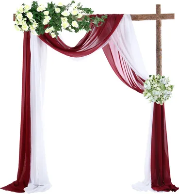 Image de Mariage arc drapé en mousseline de soie 2,3 pieds (environ 0,7 m) * 18 pieds (5,49 m) Chemin de table en mousseline de soie pour la cérémonie et la réception de décoration de coulisses, 2 pièces (blanc + bordeaux)