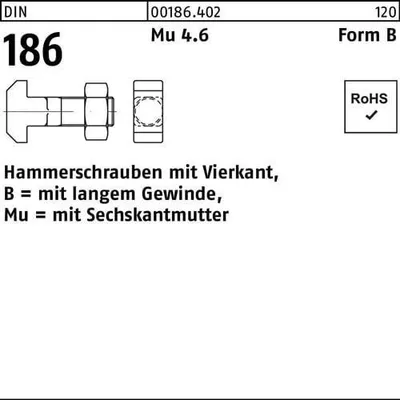 Produktbild von Reyher  Hammerschrauben m. Mu DIN 186 Mu 4.6 BM 16 x 75 (10 Stück)