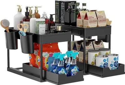 Zdjęcie produktu dla 2-poziomowy organizer do szafki dolnej z 8 haczykami i półką