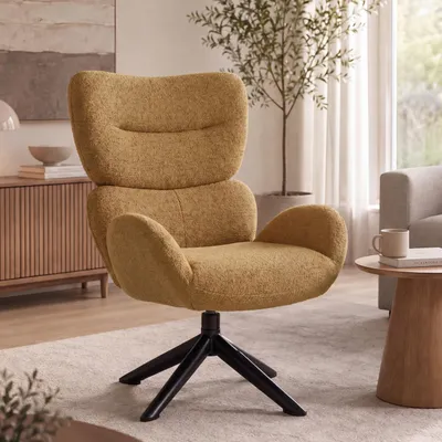 Obrázek produktu pro Lounge křeslo HWC-Q53, křeslo, lounge křeslo, jídelní židle, otočné, kovové, chenille (420 g/m²) hořčičně žlutá