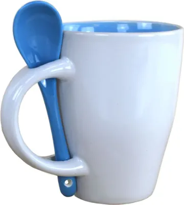Produktbild von Kaffetasse ca. 250 ml in Orange oder Blau Tasse mit Löffel im Halter