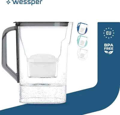 Produktbild von Wessper Kühlschrank-Wasserfilterkanne D3 Slim AquaMax 2,7 L Schwarz + 1 Filter – kompatibel mit Brita Maxtra