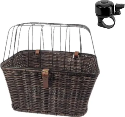 Produktbild von Fahrrad- Gepäckträgerkorb Hunde- Tierkorb Kunststoff Schutzgitter Dunkelbraun inkl. Fahrradklingel