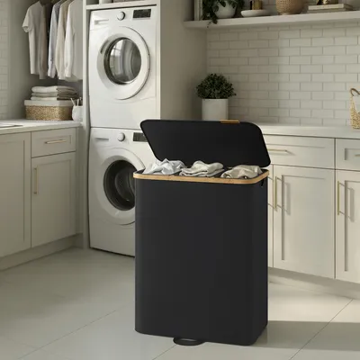 Obrázek produktu pro SONGMICS Koš na prádlo s víkem, sběrný koš na prádlo, třídič prádla, vyjímatelný vak na prádlo, 3 přihrádky, 170 litrů, černý