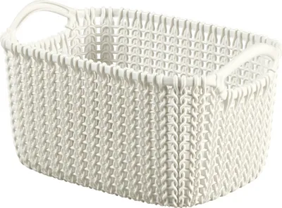 A white woven-style storage basket with handles.