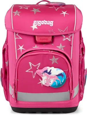 A pink backpack with star patterns and a unicorn graphic.