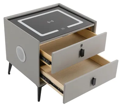 Produktbild von Smart Nachttisch - Nachtschrank mit Bluetooth - LED-Beleuchtung - USB- und kabellose Ladestation - 2 Schubladen - 50x40x46 cm - Hellgrau