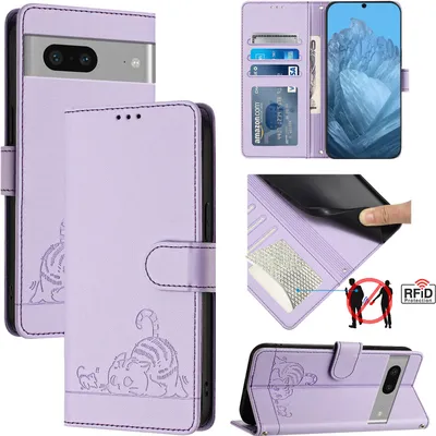 Produktbild von Leder Hülle für Google Pixel 7 Süße Katze Flip Case Brieftasche Schutzhülle mit Standfunktion Lila