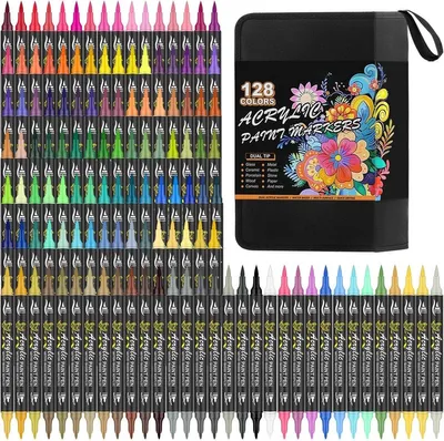 Produktbild von PromoHome® 128 Acrylmarker-Set mit Doppelspitze - Feine Spitze und Pinselspitze - Wasserbasierte Farbe für Holz, Leinwand, Glas, Keramik