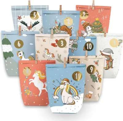 Zdjęcie produktu dla Torebki na prezenty z jednorożcem z kalendarza adwentowego 24 sztuki - Papier Kraft - Rękodzieło i prezenty