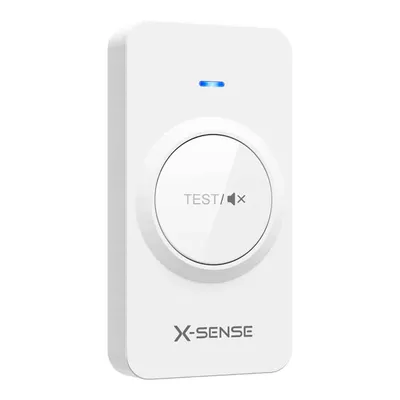 A white remote control for a smoke detector is shown against a white background.