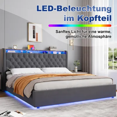 Obrázek produktu pro okwish Čalouněná postel 180×200 s úložným prostorem a úložným čelem,postel pro mládež s LED osvětlením,manželská postel v tmavě šedé barvě,bez matrace