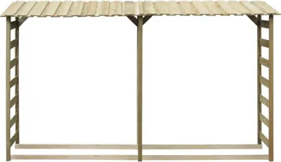 A wooden firewood storage shed with a sloped roof, shown against a white background.