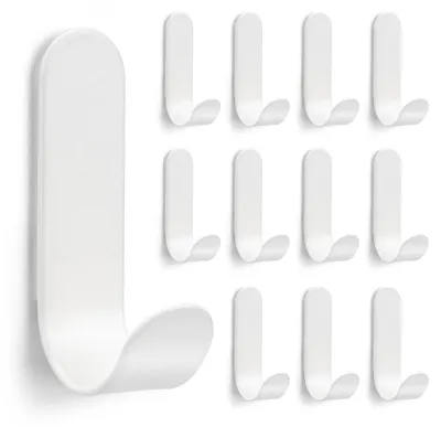Image de 12 crochets adhésifs, crochets muraux en acier inoxydable, pas besoin de percer, crochets pour serviettes de salle de bain et de cuisine (blancs, lot de 12)