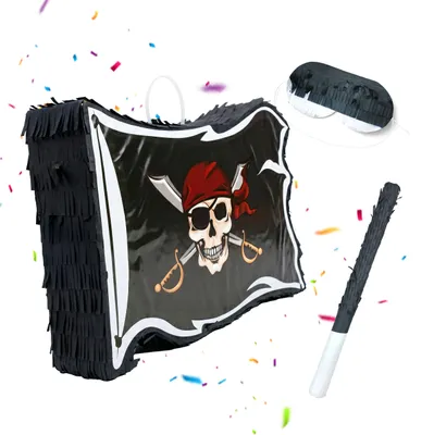 Zdjęcie produktu dla Relaxdays Pinata z piracką flagą, z kijem i maską, pinata imprezowa dla dzieci, urodziny, do wypełnienia, wymiary: 35 x 40 x 8 cm, czarna