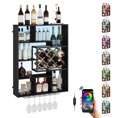 Image de Étagère murale Puluomis avec casier à bouteilles rabattable, porte-verres à vin, éclairage 7 couleurs, 97 x 77 cm. Marron