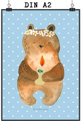 Produktbild von Mr. & Mrs. Panda Bild Bär Kommunion DIN A2 - Blau Pastell - Geschenk, Katholisch, Wandbild, wanddeko, Gottes Segen, Kunstdruck, Taufkerze, drucke, Plakat, Teddy