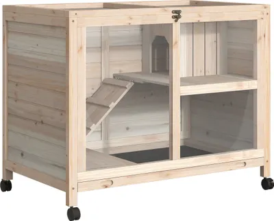 Zdjęcie produktu dla PawHut Klatka dla małych zwierząt na kółkach Klatka dla świnki morskiej Klatka dla małych zwierząt Domek dla małych zwierząt wewnątrz i na zewnątrz odporny na zimę Drewno jodłowe Naturalny 91,5 x 53,3 x 73 cm