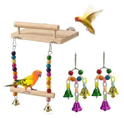 Immagine prodotto di Set di 3 giocattoli per uccelli, ideali per parrocchetti ondulati, con campanello e altalena in legno