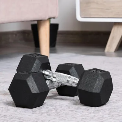 Produktbild von Hexagon Kurzhantel Set von 2 - Gusseiserne Kurzhanteln mit Riffelgriffen - 2 x 4 KG Gummigewichten