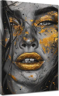 Produktbild von Wunderschöne Frau mit goldenen Lippen Leinwandbild Wandbild XL Wanddeko: 75x100x2cm
