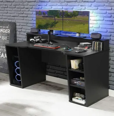Produktbild von Gaming Tisch TEZAUR 1 Schwarz von Forte mit zweiter Ebene für Monitore