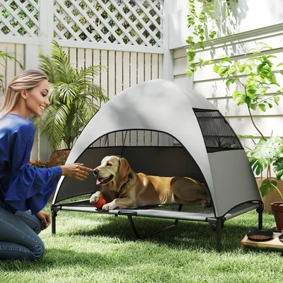Produktbild von Erhöhtes Hundebett - Hundetagesbett - Hundekorb - Hundebank - Hundesofa - Hellgrau - Mit abnehmbarem Dach