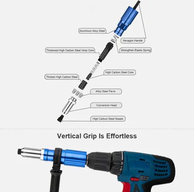 Imagen del producto de Adaptador para pistola de remaches para taladro eléctrico, herramienta de remachado inalámbrica con mango desmontable y llave. Compatible con remaches de 3/32'', 1/8'', 5/32'' y 3/16''. Incluye piezas de repuesto