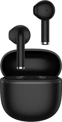 A pair of black wireless earbuds and their charging case are displayed against a white background.
