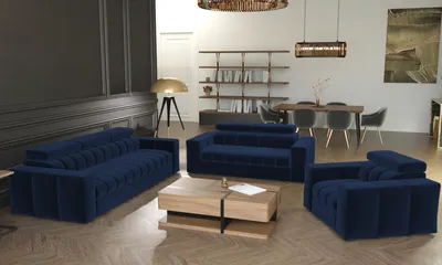 A living room scene with a navy blue sofa set and a coffee table.
