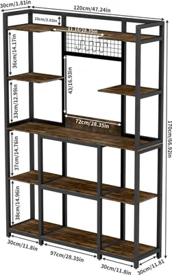 Immagine prodotto di Scaffale da cucina - Scaffale per microonde Bakers Rack - Altezza 170 cm - 5 ripiani - In ferro con ganci - Scaffale da cucina per angolo caffè - Marrone rustico