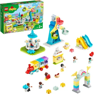 A collection of LEGO Duplo amusement park toys, including a Ferris wheel, carousel, train, and slides, along with figures and accessories.