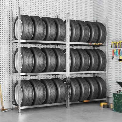 Obrázek produktu pro 2 kusy regálů na pneumatiky s 3 policemi. Stojan na pneumatiky, regál pro těžké náklady, regál do dílny, regál do garáže, regál do sklepa. Stříbrná barva, rozměry 110x40x200 cm. Ocel