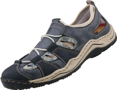 A single blue women's sandal shoe is shown against a white background.
