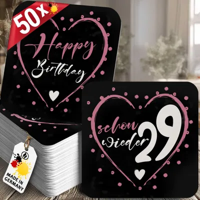 Produktbild von 50 Bierdeckel Geburtstag Schon wieder 29, Herz Pink/Schwarz, Schon wieder 29