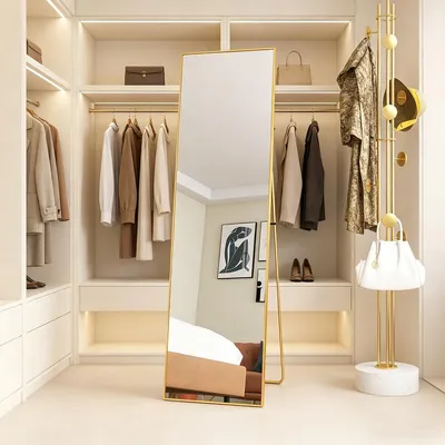 Productafbeelding van INONEFT Staande spiegel 140x40 cm, Volledige lengtespiegel met gouden, minimalistische aluminium frame, geschikt voor plaatsing op de vloer of aan de muur. Muurspiegel, groot, goud