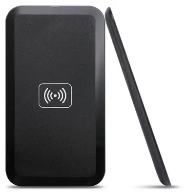 A black wireless charger is shown from the side and front.