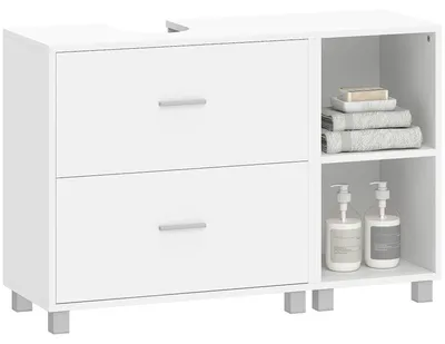 Image de Meuble sous-lavabo - Armoire de salle de bain pour lavabo sur pied - 2 tiroirs et 2 étagères ouvertes - Autoportant - 90 x 30 x 60 cm - Blanc