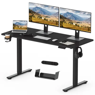 A black adjustable standing desk with two monitors, a laptop, keyboard, mouse, and accessories.