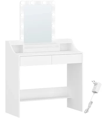 Imagen del producto de Mesa de maquillaje - Mesa de tocador - Iluminación LED regulable - 90 cm de ancho - Espejo - 2 cajones y 3 compartimentos abiertos - Blanco