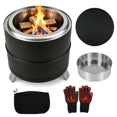 Produktbild von Ikodm Feuerschale rauchfrei Ø49,5 cm aus 201 Edelstahl doppelwandig hochtemperaturbeschichtet mit Hitzeschutzmatte und Handschuhen Schwarz