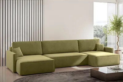 Zdjęcie produktu dla Sofa Narożna w Kształcie Litery U Carlos z Funkcją Spania i Pojemnikiem na Pościel Tkanina Salvador Oliwkowy