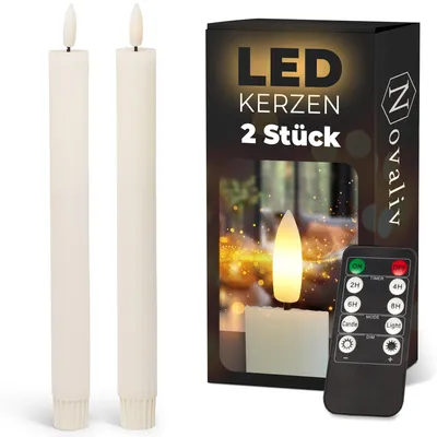 Obrázok produktu pre LED sviečky s časovačom, biela, 2 kusy, určené na vnútorné použitie, s 6-hodinovým časovačom - vyrobené z pravého vosku, textúrované, výška 23 cm, priemer 2,2 cm, vyžadujú 2 batérie typu AAA. LED sviečky s efektom blikotavej a pohyblivej plamienky
