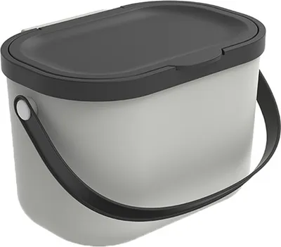 A product shot of a gray compost bin with a black lid and handle.