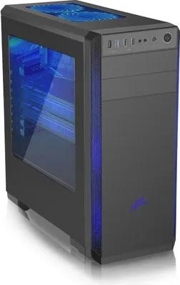 A black computer tower with blue LED lighting.