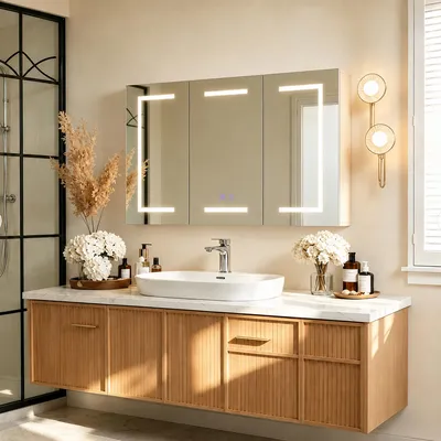Productafbeelding van REMZETTA LED spiegelkast voor de badkamer, 100,4 x 60 x 13,5 cm, met 3 spiegeldeuren van gelijke breedte, 3 lichtkleuren, een anti-condensfunctie en een stopcontact