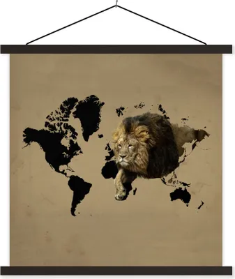 Produktbild von MuchoWow® Textilposter Weltkarte - Löwe - Braun 90x90 cm mit schwarzem Rahmen - Magnetisches