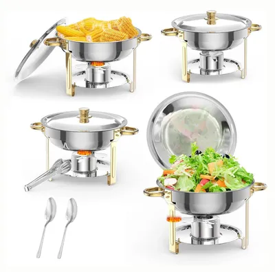 Produktbild von Buffetwärmer - Rundes Chafing-Dish-Set - 5 l Edelstahl - Mit Deckel und Deckelhalter - 4er Set - Für Party und Catering